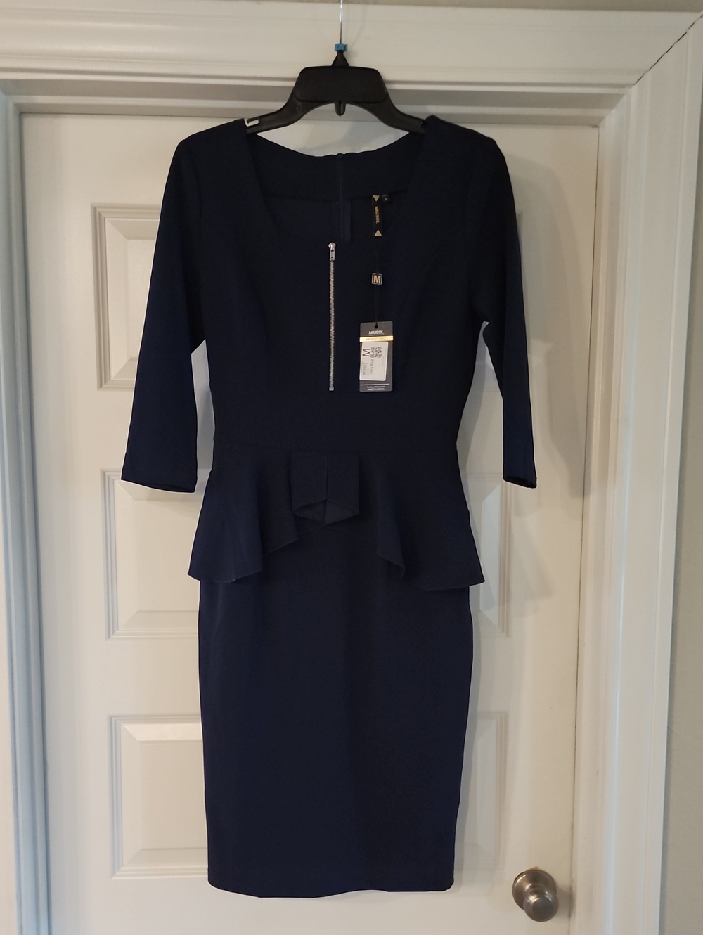 Miusol Navy Peplum Sheath Dress with Front Zip Detail